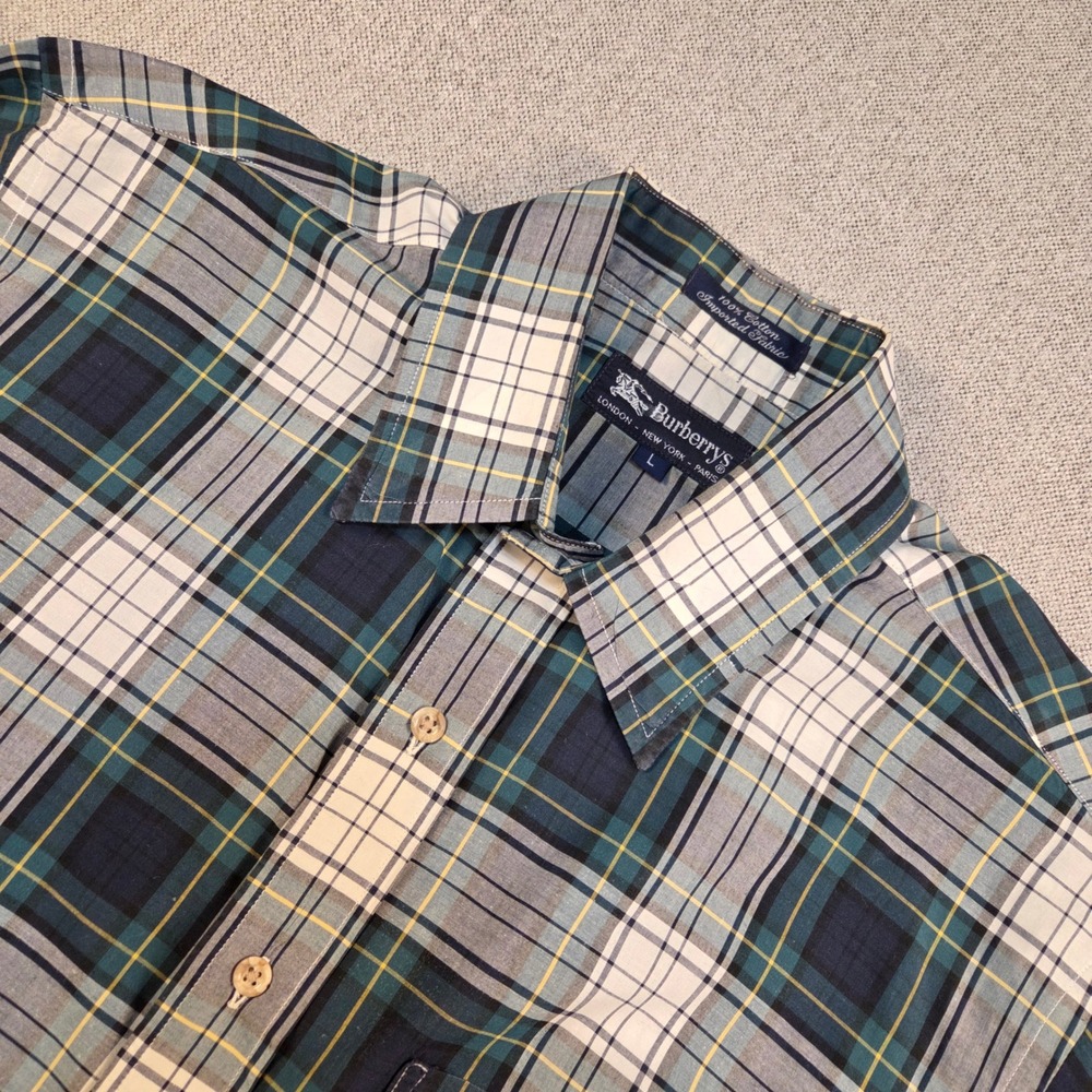 VTG Burberrys Plaid Shirt‎ Men's L Green/White Long Sleeve Classic Fit Preppy